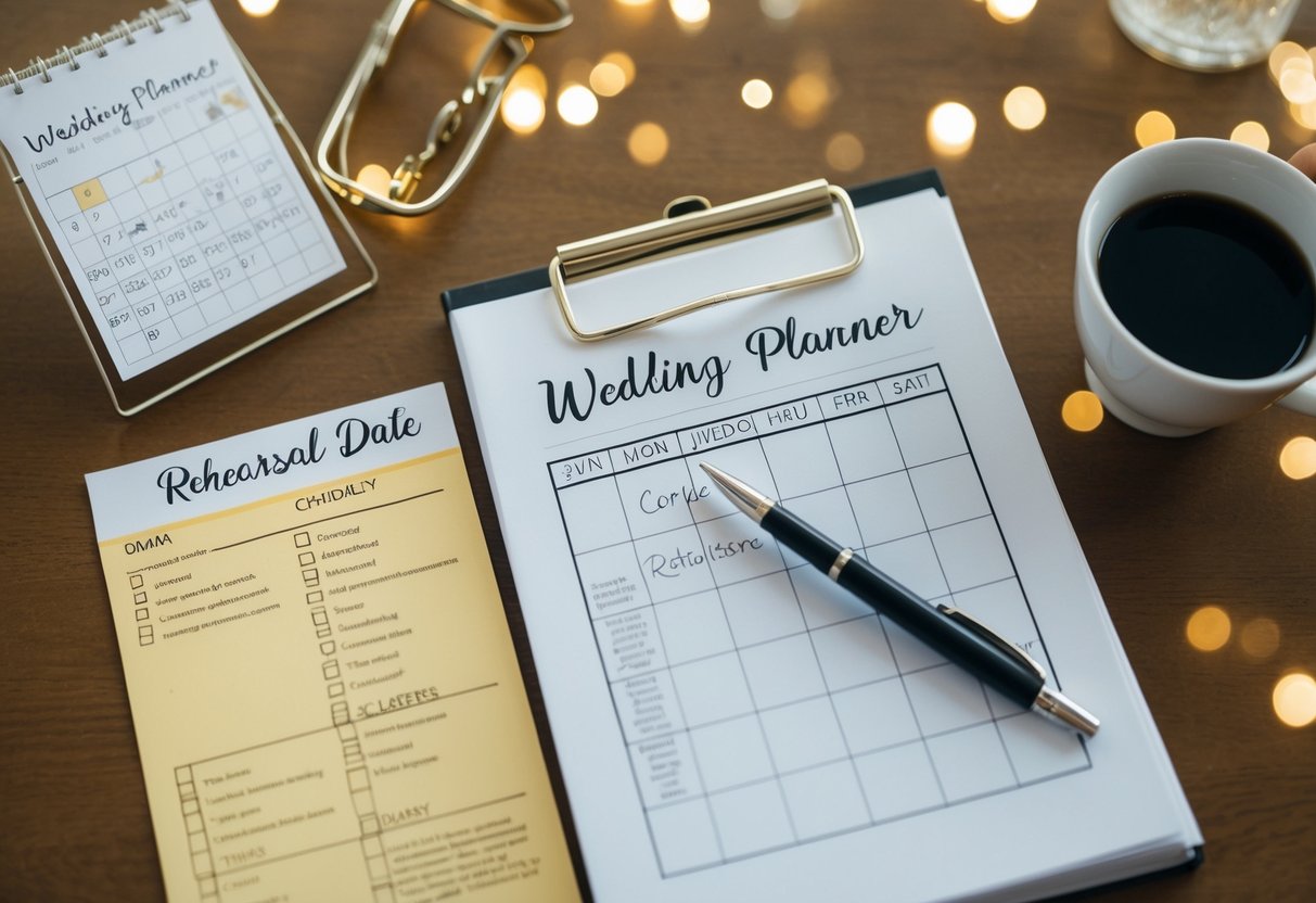 A wedding planner's desk with a calendar, checklist, and pen. A couple's names are written on the calendar for the rehearsal date