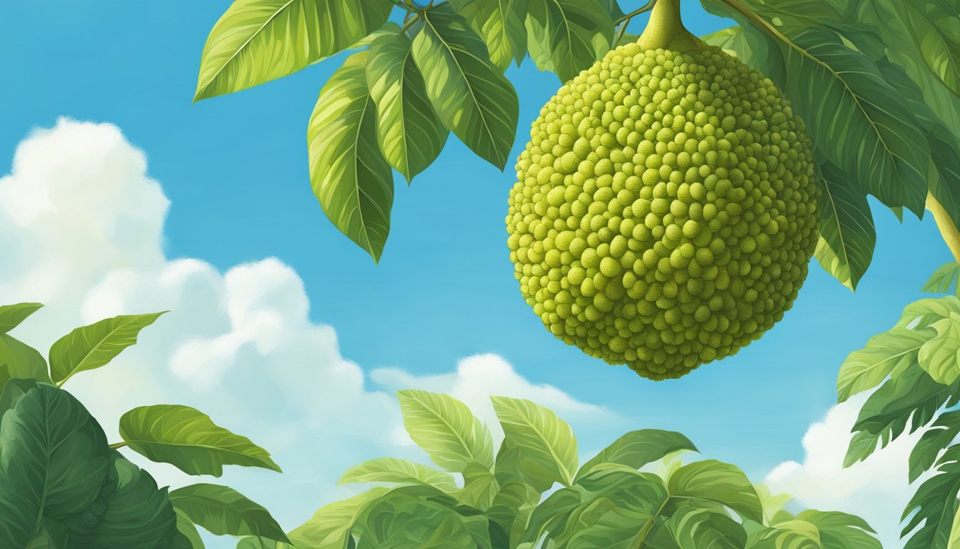 A ripe breadfruit hanging from a tree, surrounded by lush green leaves and a clear blue sky in the background