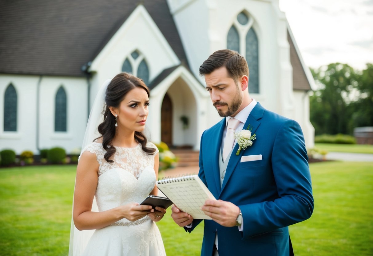 A bride and groom stand outside a church, looking at a calendar and a budget spreadsheet, with worried expressions on their faces