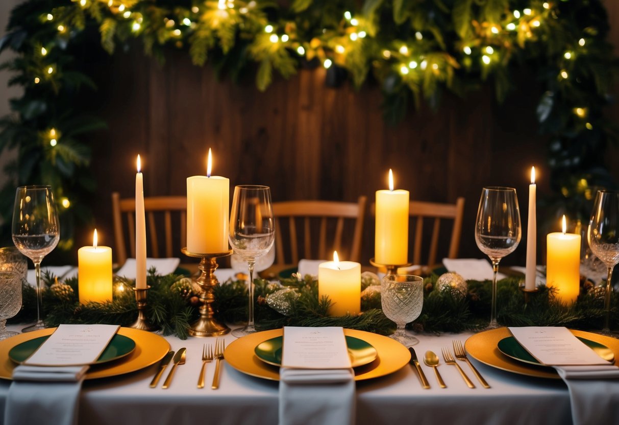 A festive table set with elegant place settings and glowing candles, surrounded by lush greenery and twinkling lights, with a sense of warmth and celebration in the air