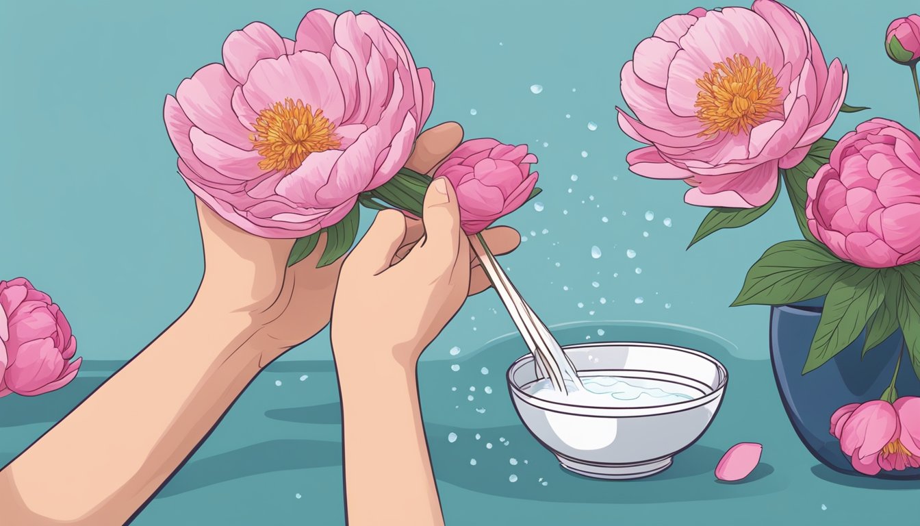 A pair of hands carefully plucking vibrant peony petals from the flower, with a bowl of water nearby for rinsing