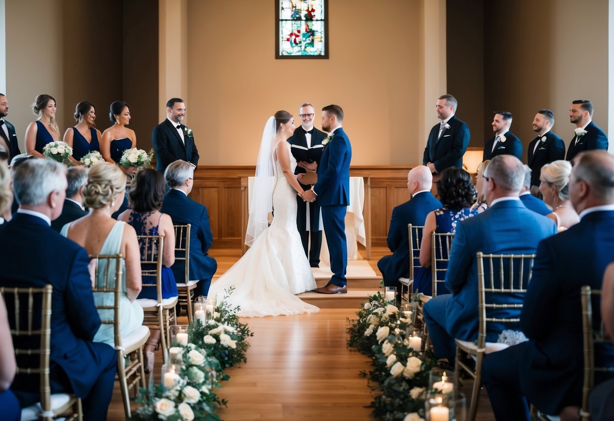 A bride and groom standing at the altar, while guests sit in rows, as the officiant leads a wedding rehearsal