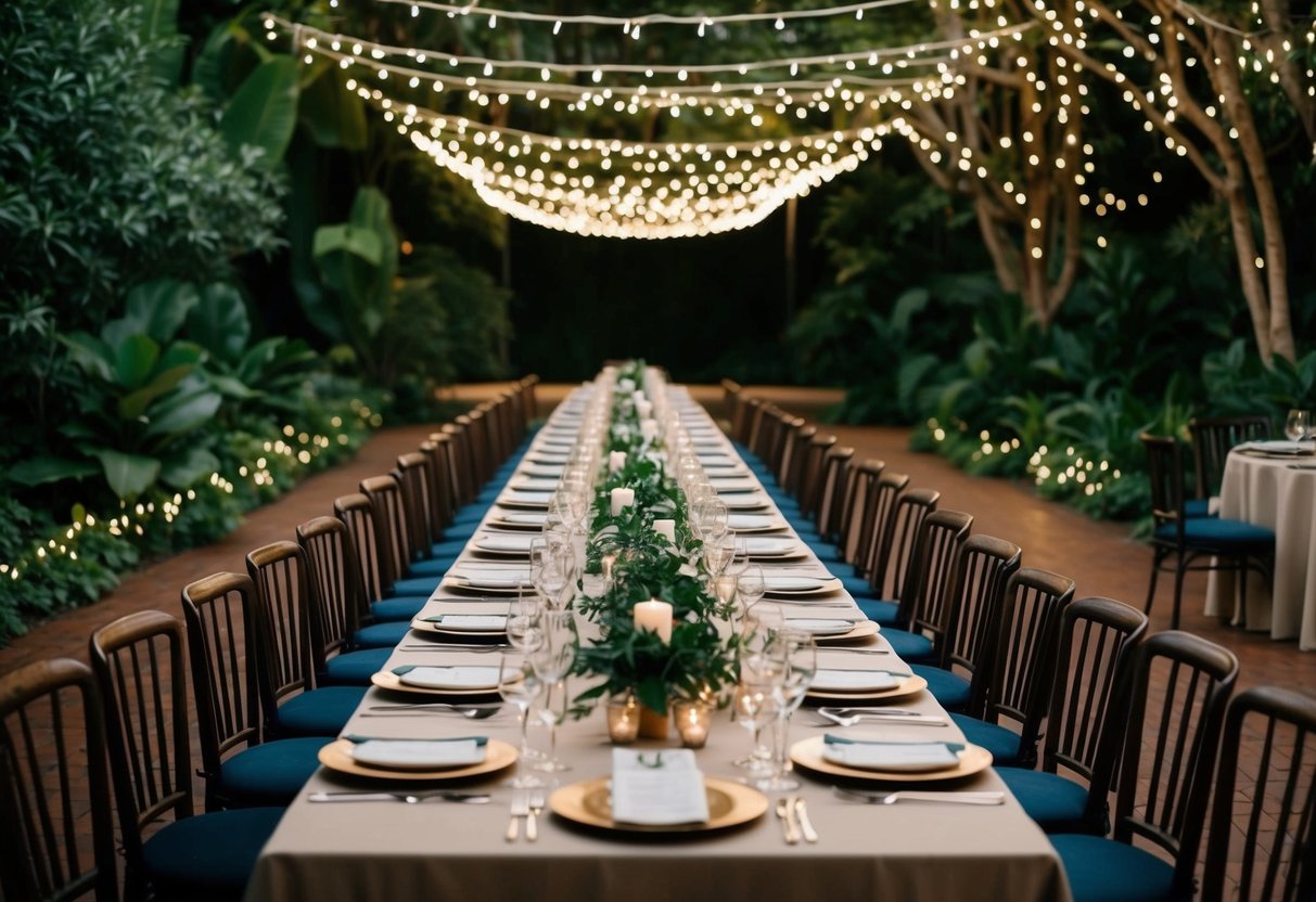 A long dining table set with elegant place settings, surrounded by twinkling lights and lush greenery, with a warm and inviting atmosphere