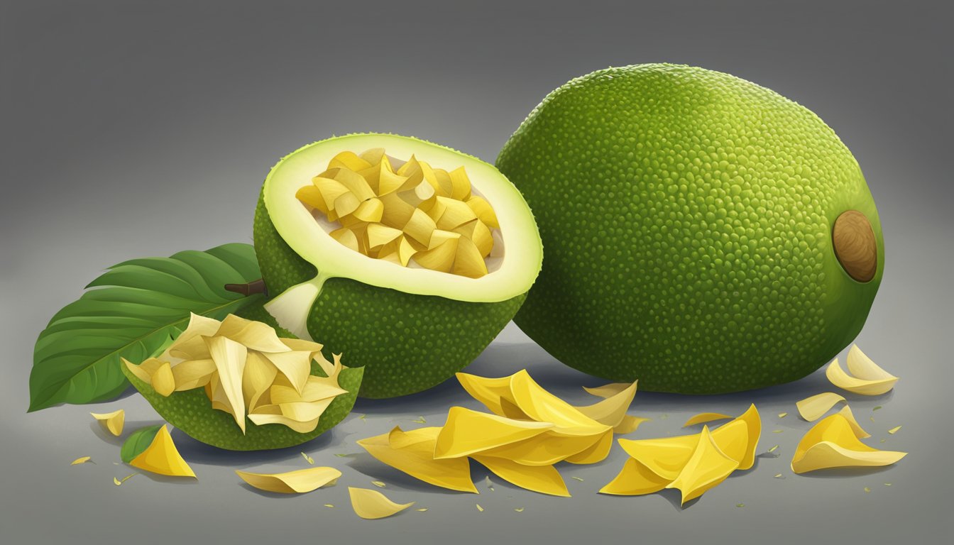 A whole unripe breadfruit surrounded by a caution sign and a pile of discarded peels, with a knife cutting into the fruit to show its unripeness