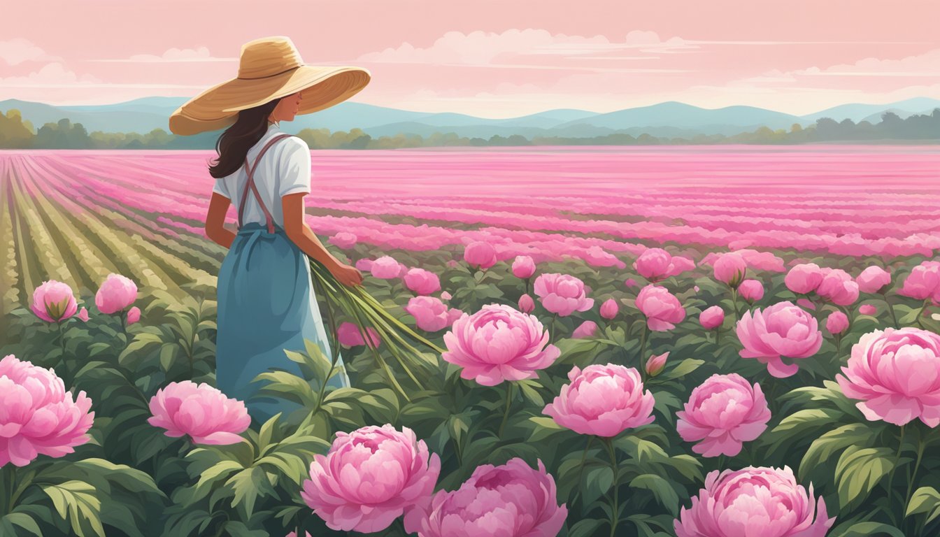 A lush peony field with vibrant pink and white blooms being harvested by a figure in a wide-brimmed hat and apron