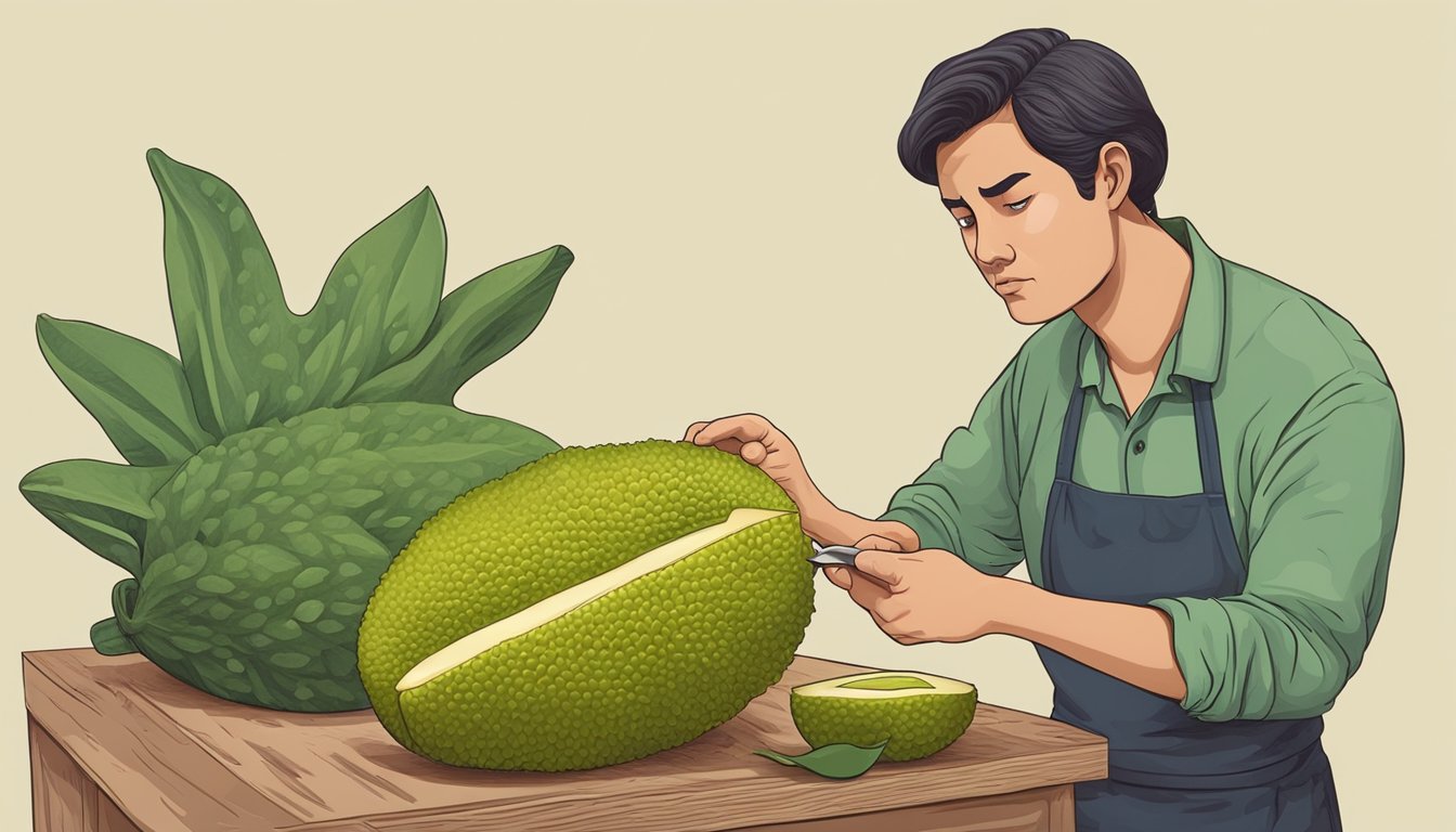 A person cutting open an unripe jackfruit with a concerned expression on their face