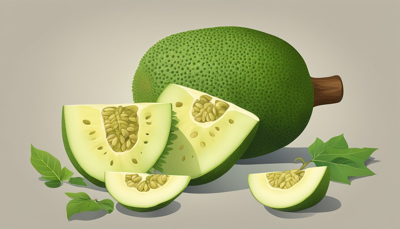 A person slicing open a green breadfruit, revealing the white flesh inside