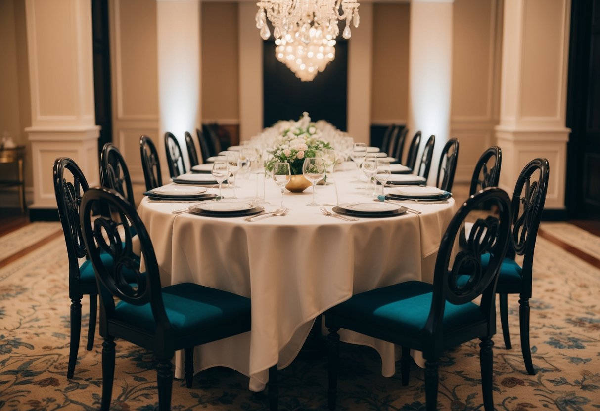A beautifully set dining table with empty chairs, surrounded by elegant decor and dim lighting
