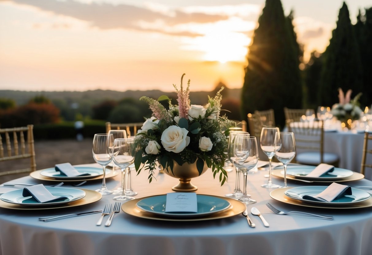 A table set with elegant dinnerware and centerpieces, surrounded by a picturesque outdoor setting, with the sun setting in the background