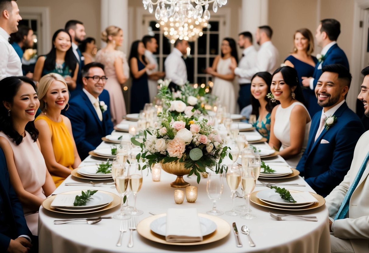 A beautifully set dining table with elegant place settings and a floral centerpiece, surrounded by happy guests mingling and enjoying a pre-wedding celebration
