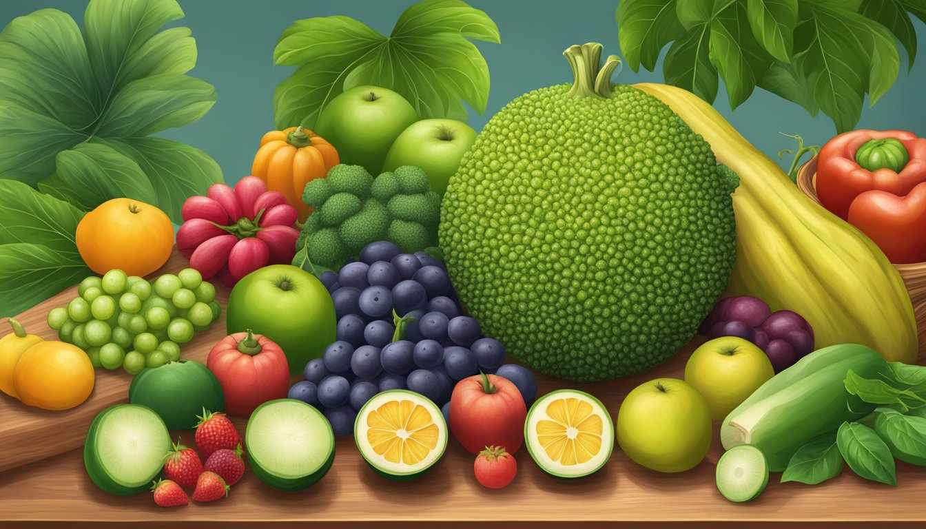 A whole unripe breadfruit surrounded by various fruits and vegetables on a wooden cutting board