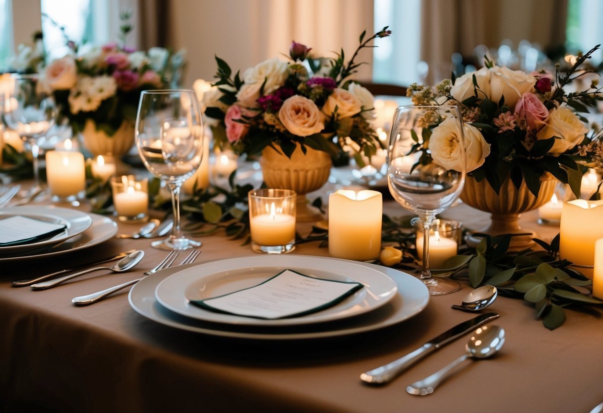A table set with elegant place settings, surrounded by soft candlelight and blooming floral centerpieces. A cozy, intimate atmosphere for a rehearsal dinner