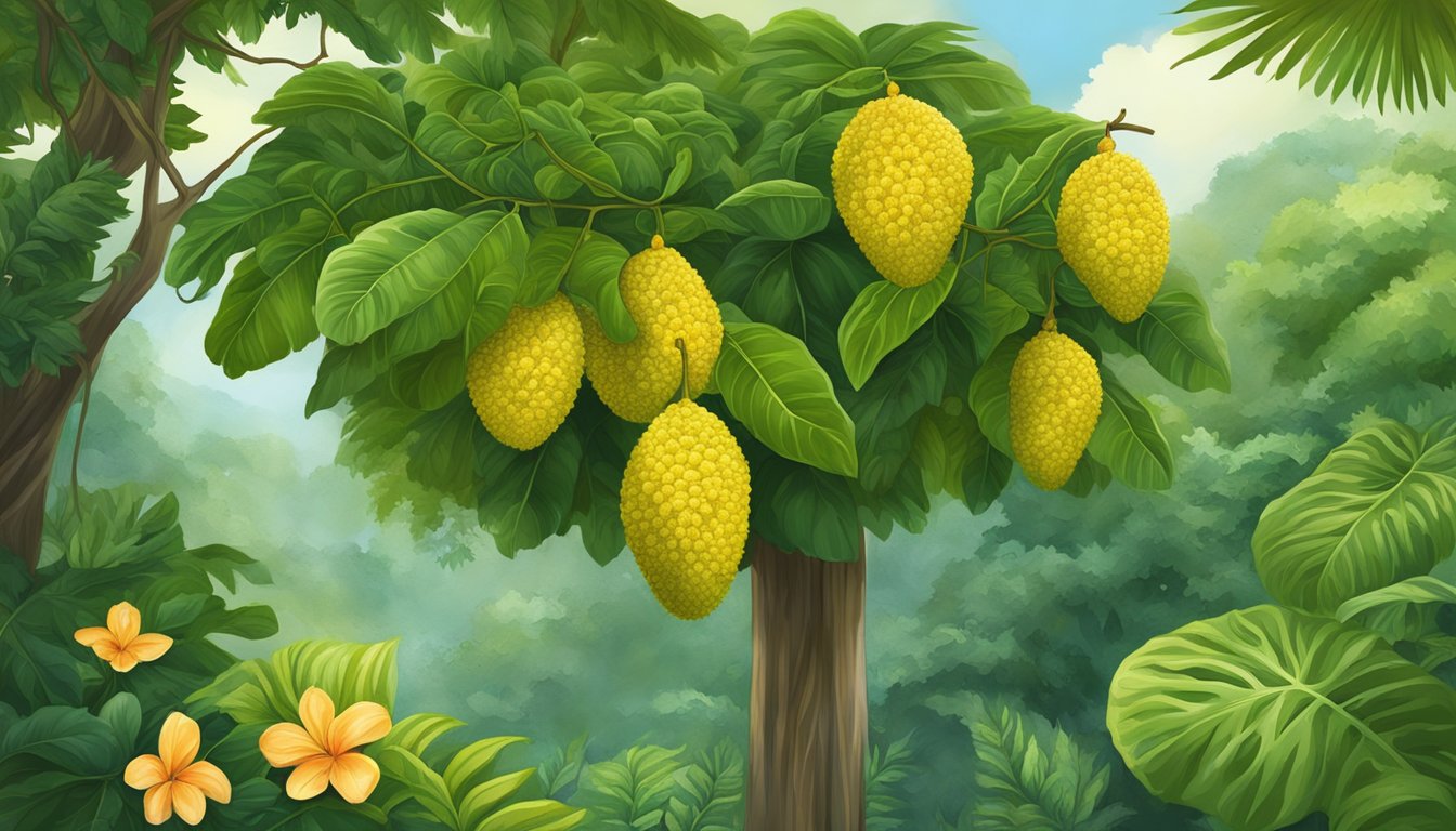 A ripe breadfruit hangs from a tree, surrounded by lush green foliage and vibrant flowers, symbolizing cultural significance and sustainable food source