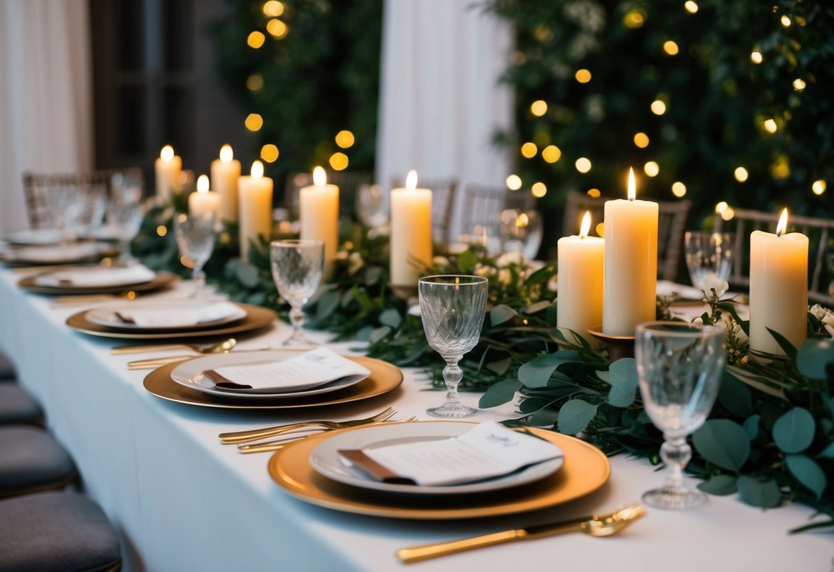 A beautifully set table with elegant place settings and flickering candles, surrounded by lush greenery and twinkling lights
