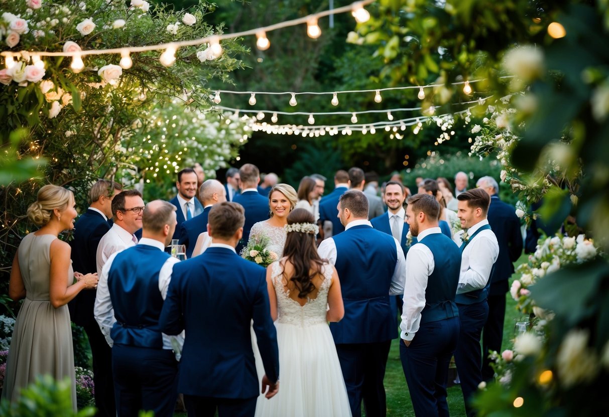 Guests gather at the wedding rehearsal, mingling in the garden under twinkling lights as a gentle breeze rustles the flowers and foliage