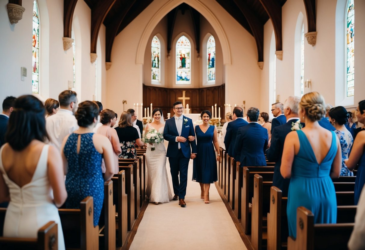 A group of people gather in a church, practicing walking down the aisle and standing at the altar. The atmosphere is focused and filled with anticipation