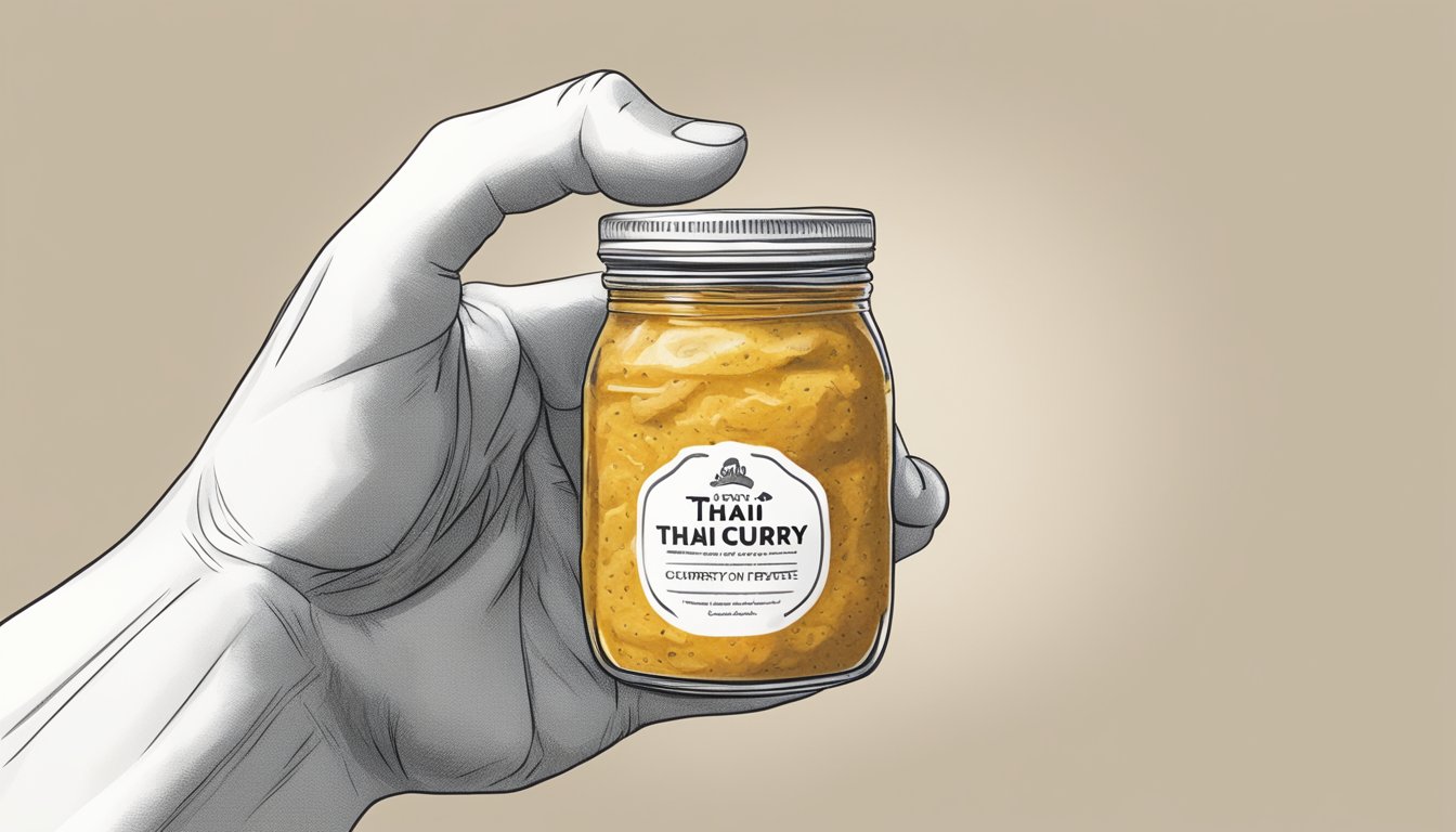 A hand holding a jar of expired Thai curry paste, with a wrinkled nose and a questioning expression