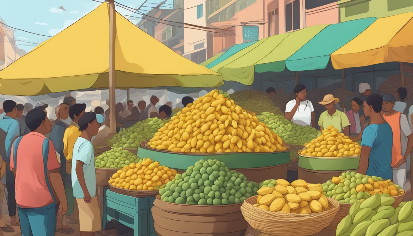 A colorful market stall with unripe jackfruit piled high, surrounded by curious onlookers from different cultures