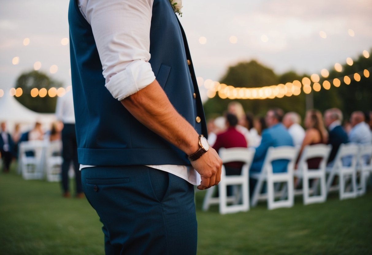 A person wearing casual clothing at a formal wedding rehearsal