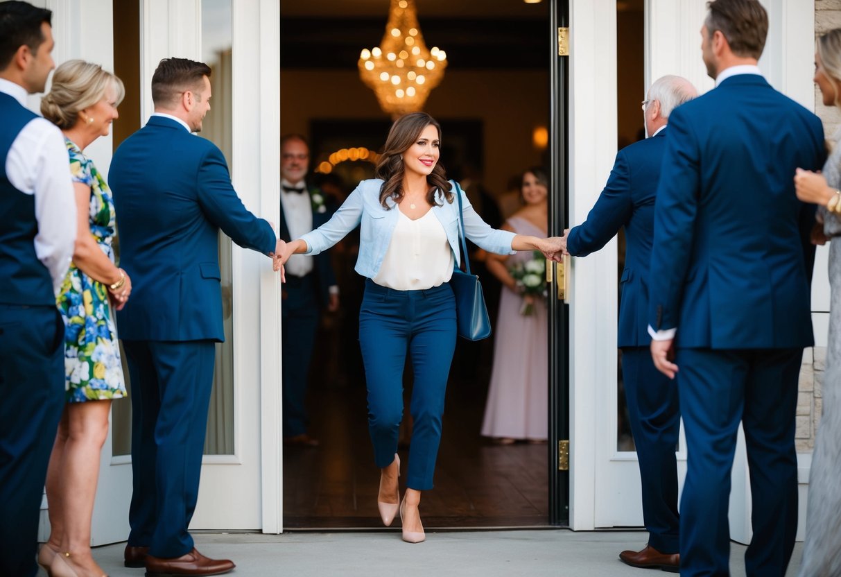A woman in casual attire being turned away at a rehearsal dinner entrance, as other guests in formal wear are allowed in