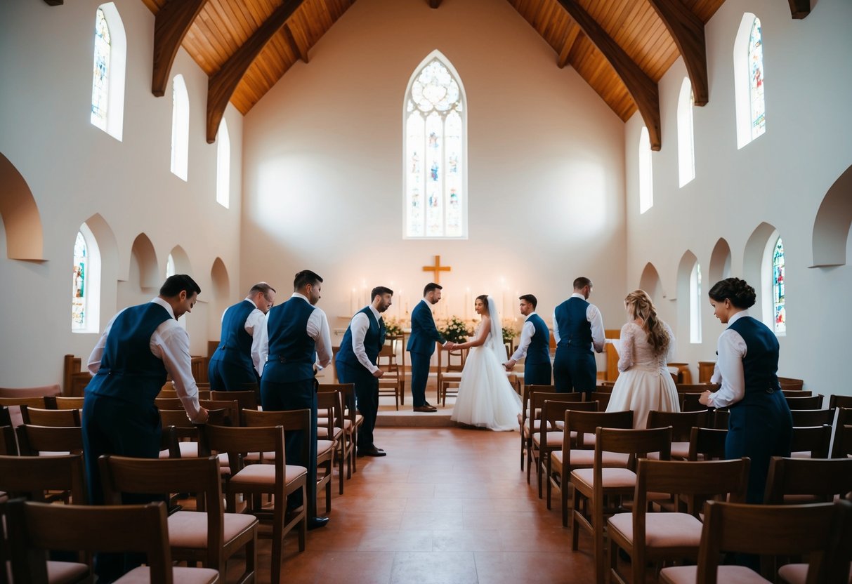 A group of figures gathered in a church, arranging chairs and practicing their roles for a wedding rehearsal