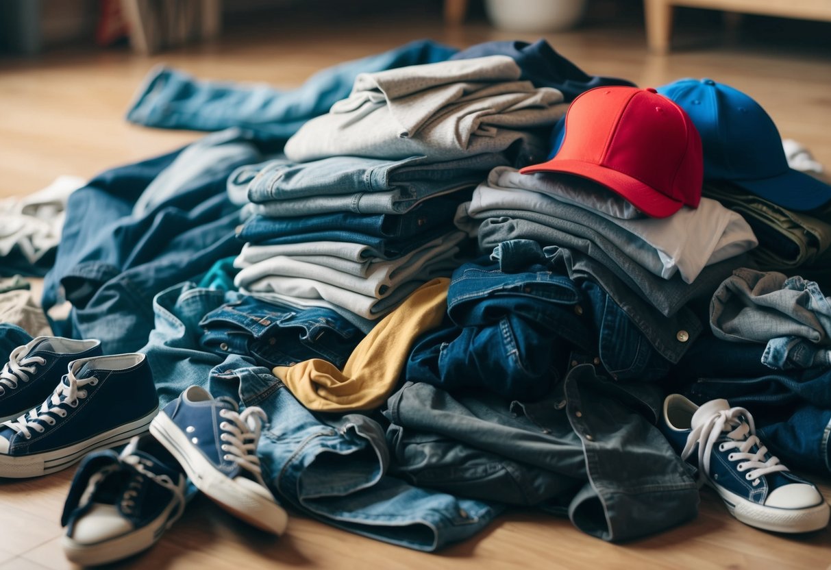 A pile of casual clothing items scattered on the floor, including jeans, t-shirts, sneakers, and baseball caps