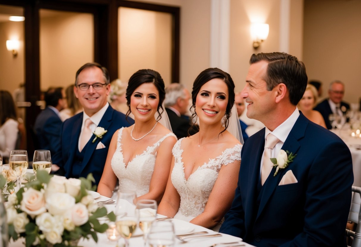 The bride and groom sit with their parents at the rehearsal dinner