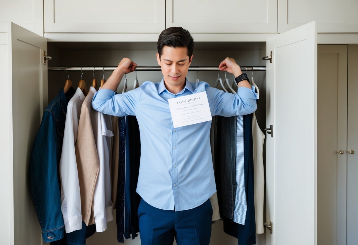 A person standing in front of a closet, pulling out casual or inappropriate clothing items, with a wedding rehearsal invitation in hand