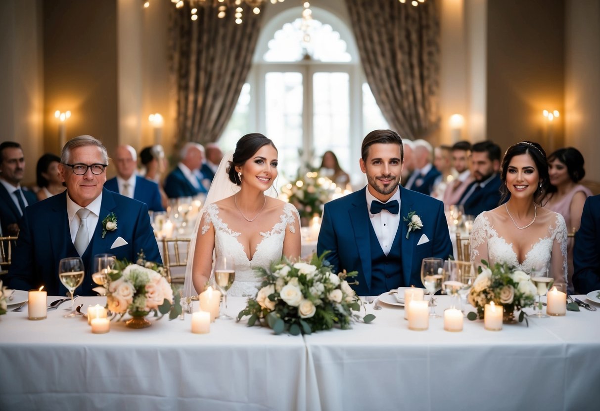 The bride and groom sit at a long table with their parents, surrounded by soft candlelight and elegant table settings