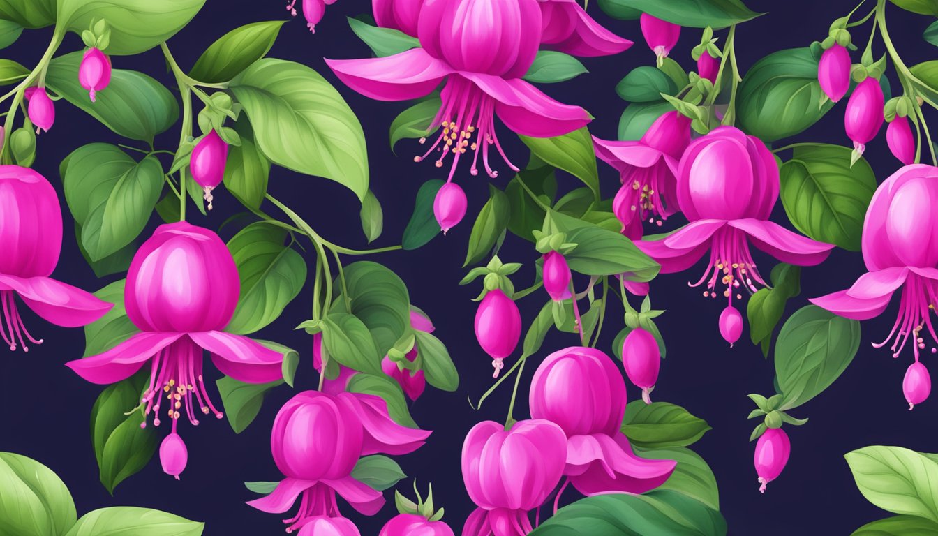 A fuchsia plant with vibrant pink and purple flowers, surrounded by lush green leaves and small, round berries