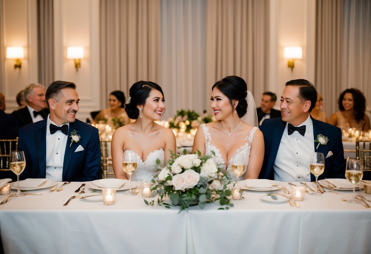 Bride and groom sit at head table with parents at elegant rehearsal dinner