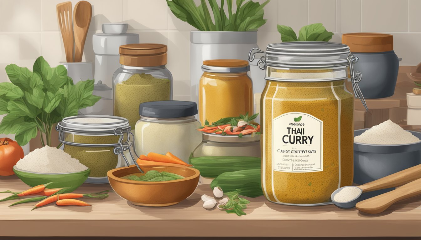 A jar of expired Thai curry paste sits on a kitchen counter, surrounded by various ingredients and cooking utensils. The label on the jar is faded and peeling