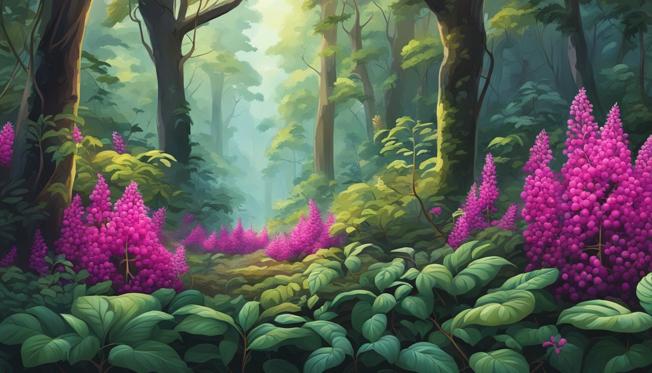 A lush forest floor with vibrant fuchsia berries growing on low-hanging branches, surrounded by various green foliage and small wildlife