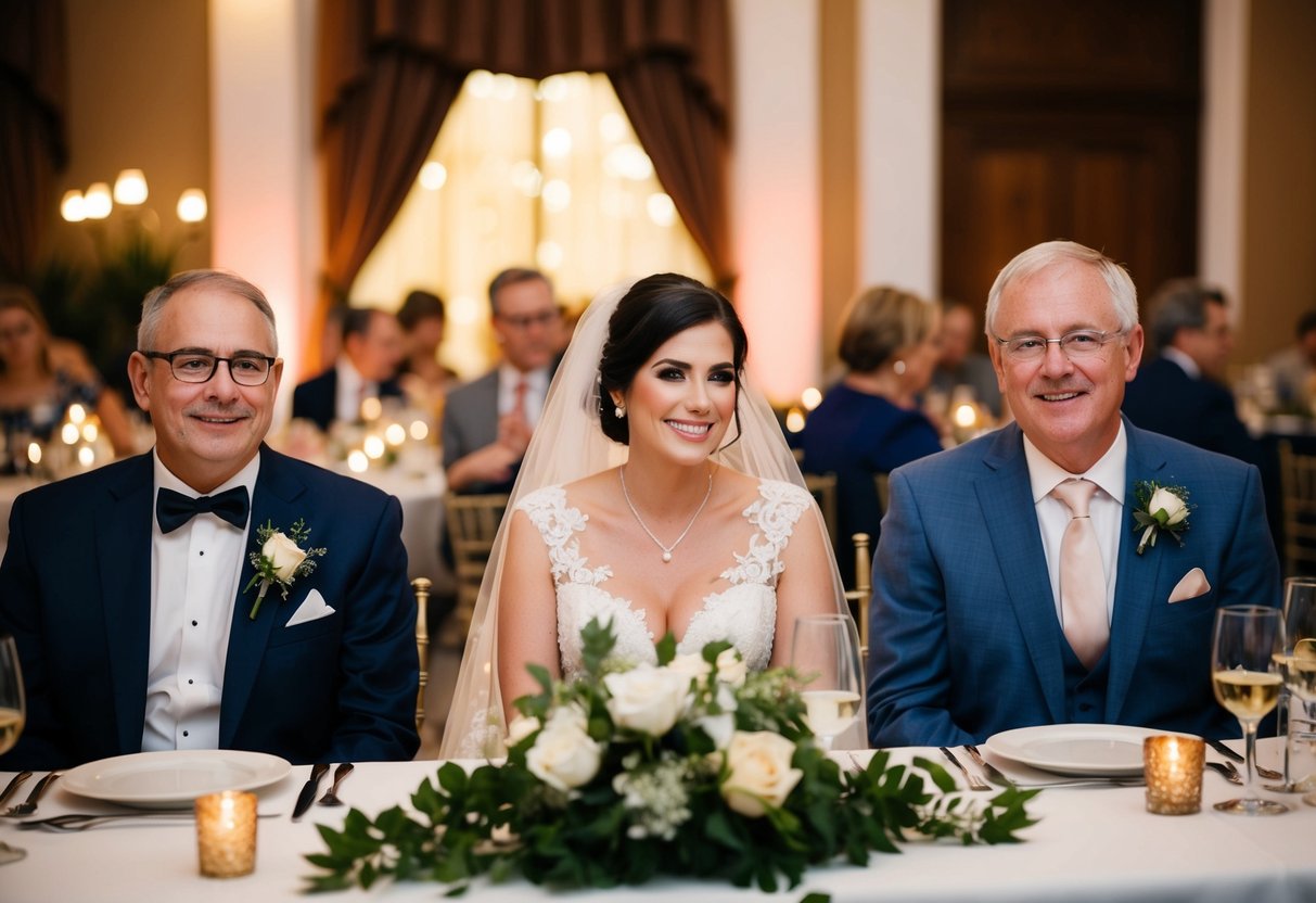 Bride and groom seated with parents at dinner table