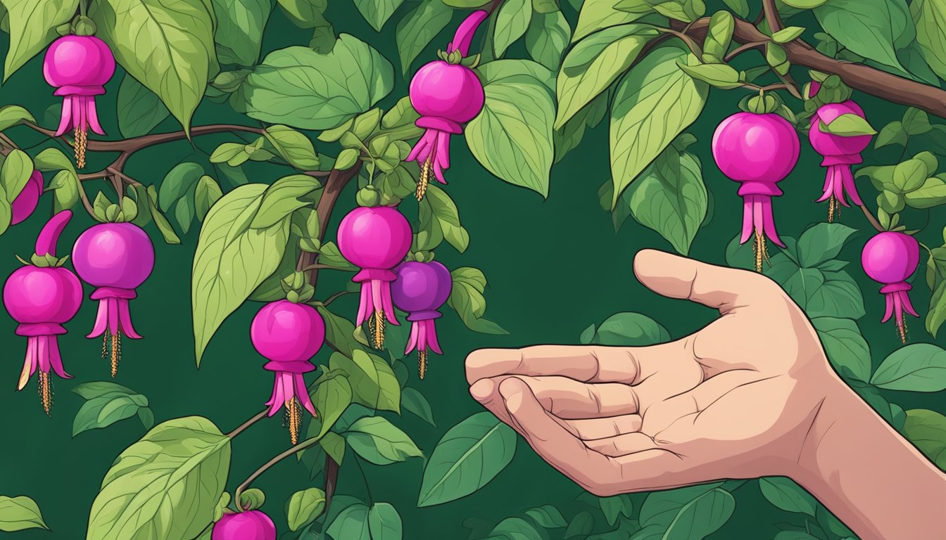 A hand reaching for fuchsia berries on a bush, surrounded by lush green foliage