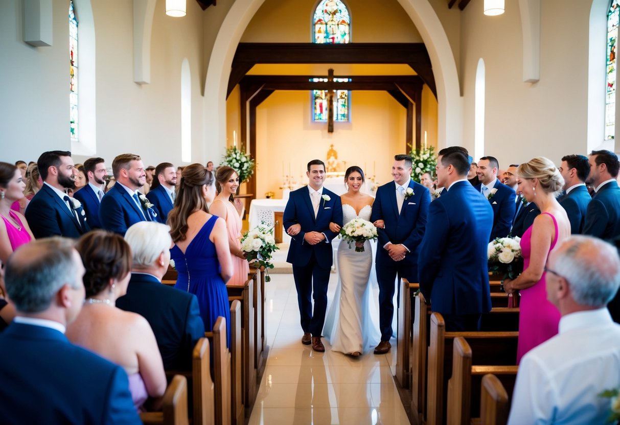 Guests gather in a church, watching as the wedding party practices walking down the aisle. The officiant guides them through the ceremony, while the couple stands at the altar