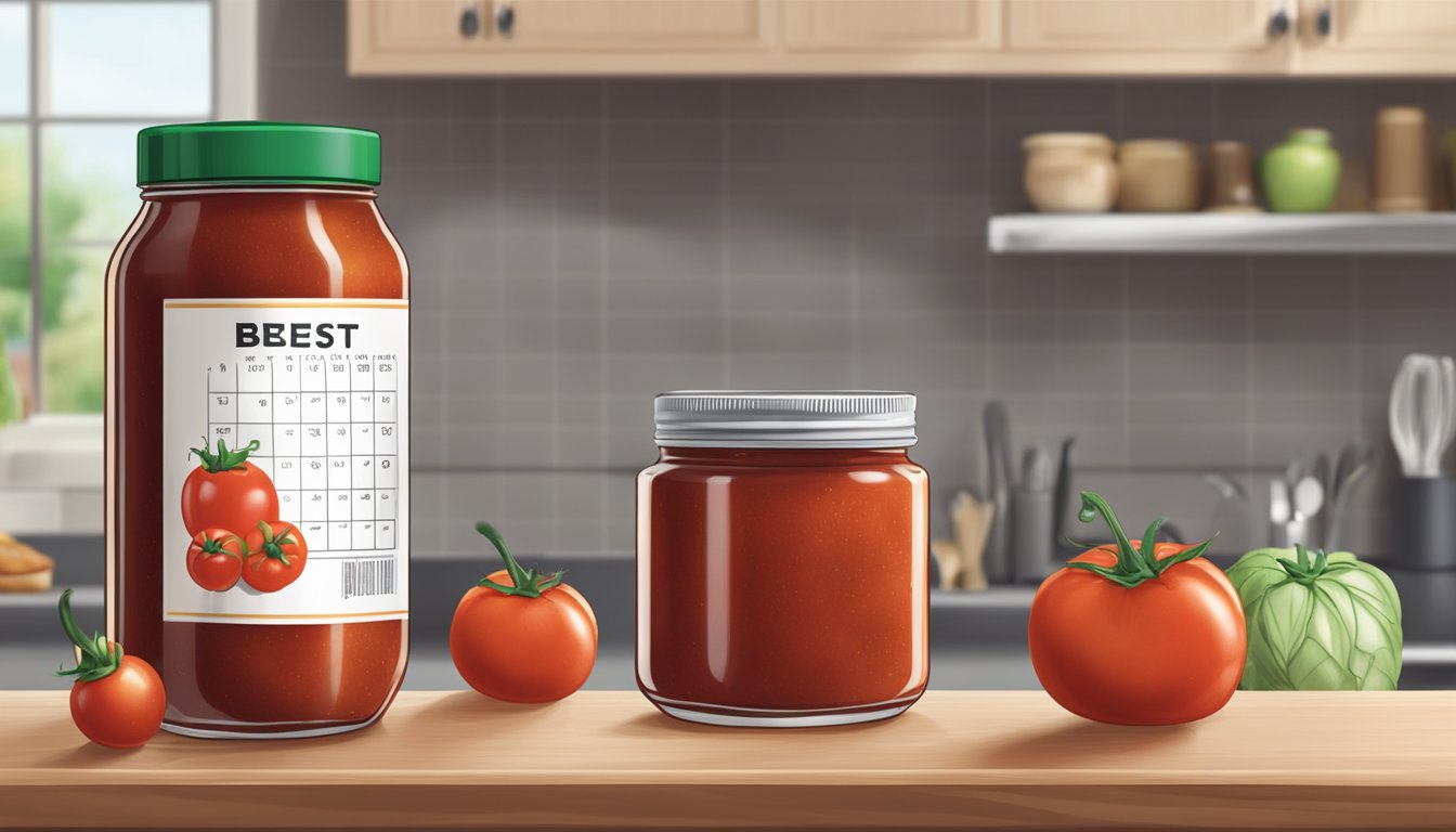 A jar of marinara sauce with a "best by" date passed, sitting on a kitchen counter next to a calendar