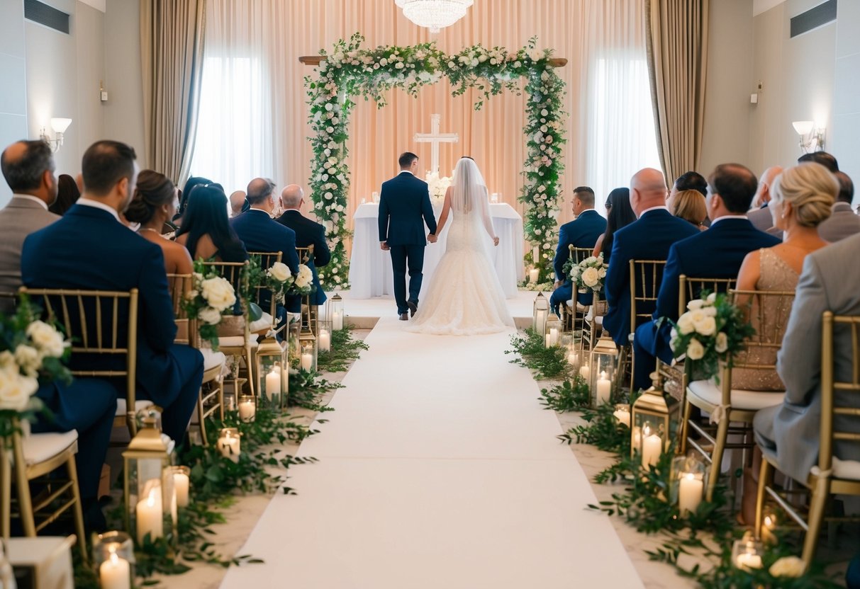 A wedding rehearsal scene with a decorated altar, seating arrangement, and a pathway for the bride and groom to walk down