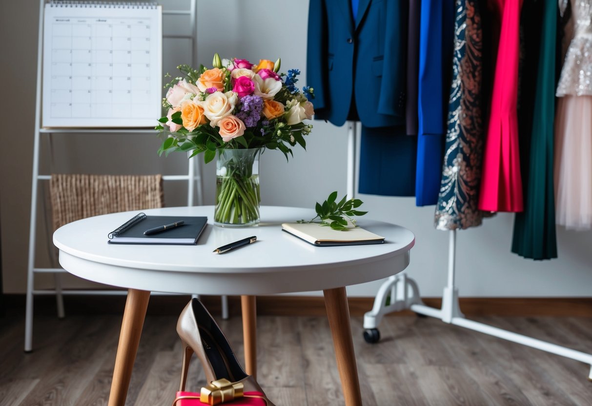 A table set with a bouquet of flowers, a notepad, pen, and a schedule. A rack holds various dresses and suits. On the floor, a pair of shoes and a gift wrapped in ribbon