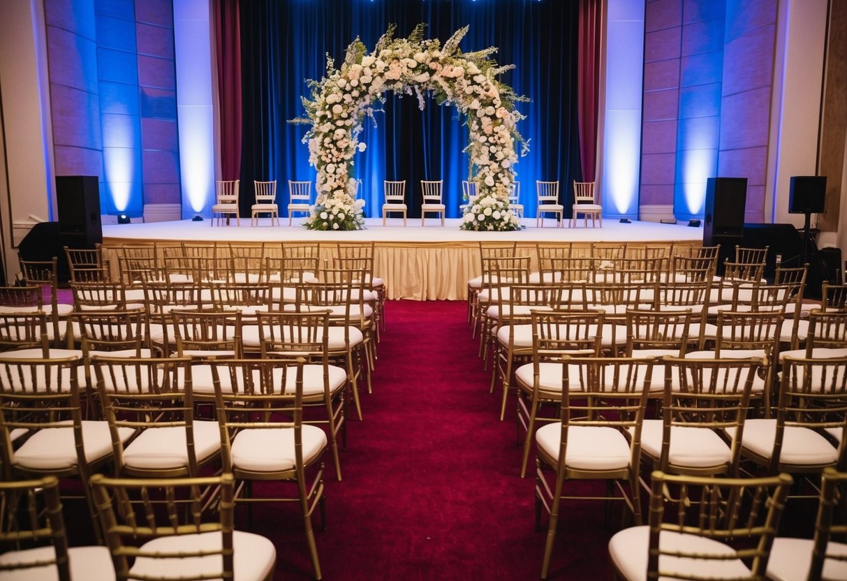 A grand hall with rows of empty chairs and a decorated stage set for a ceremony