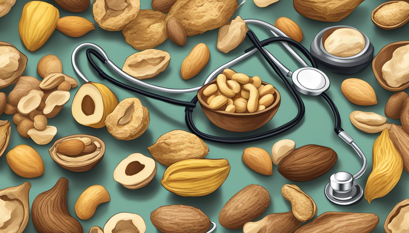 A pile of peanut shells with a question mark above them, surrounded by images of healthy food and a doctor's stethoscope