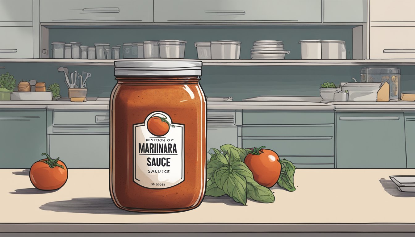 A jar of expired marinara sauce sits on a kitchen counter, with a question mark hovering over it. The label is faded and the lid is slightly rusted