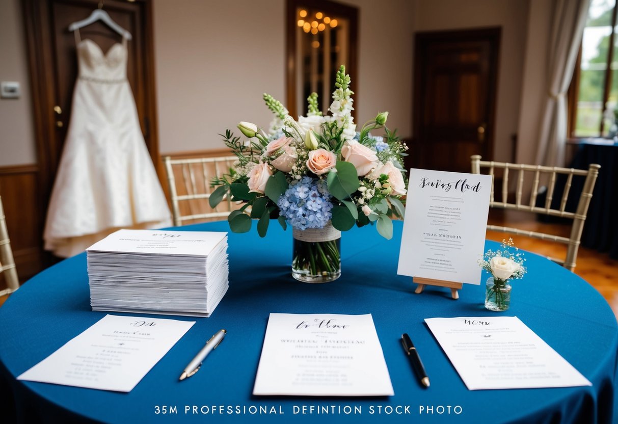 A table with a floral centerpiece, a stack of wedding invitations, a seating chart, and a pen. A bouquet of flowers and a wedding dress hanging on a nearby chair
