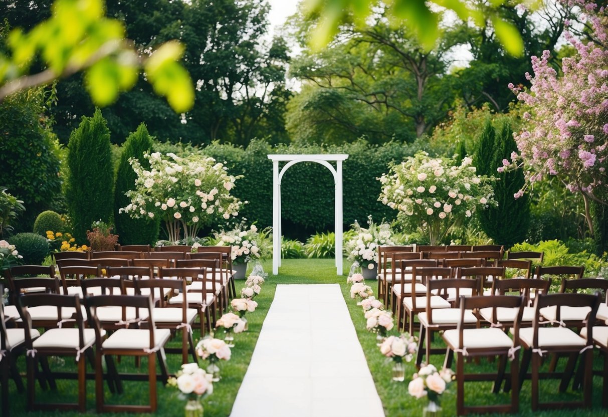 A peaceful garden with a simple arch and rows of chairs set up for a small ceremony, surrounded by blooming flowers and lush greenery