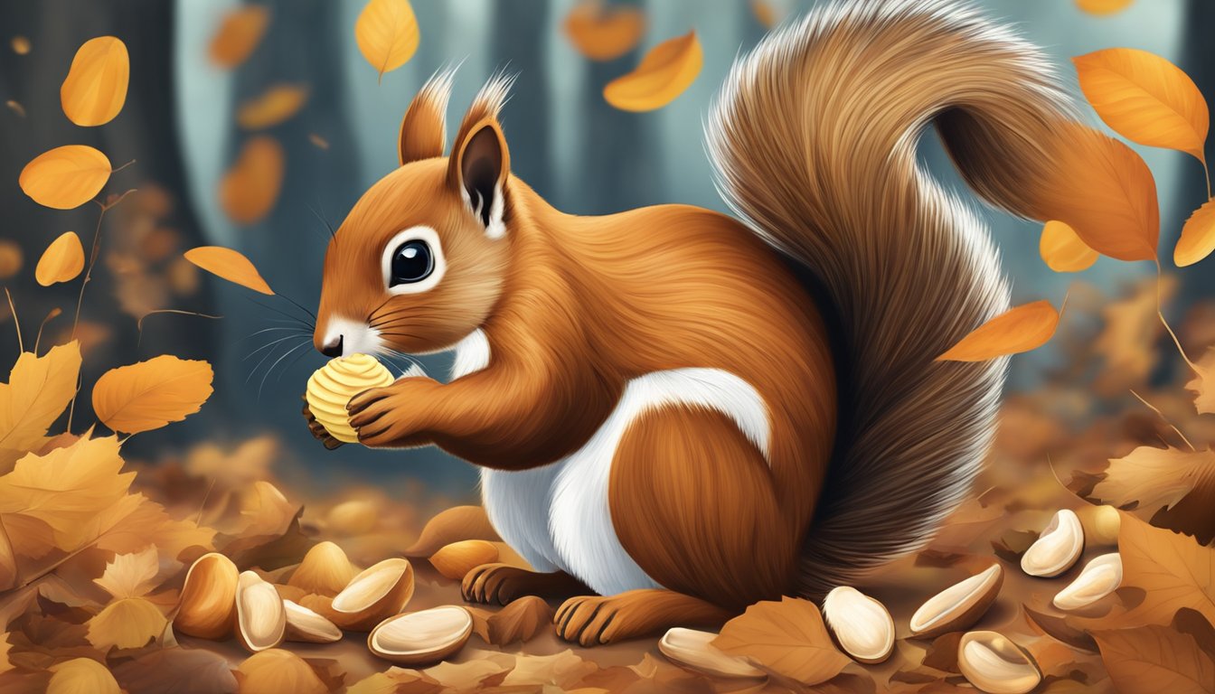 A squirrel cautiously nibbles on a peanut shell, surrounded by fallen leaves and scattered shells