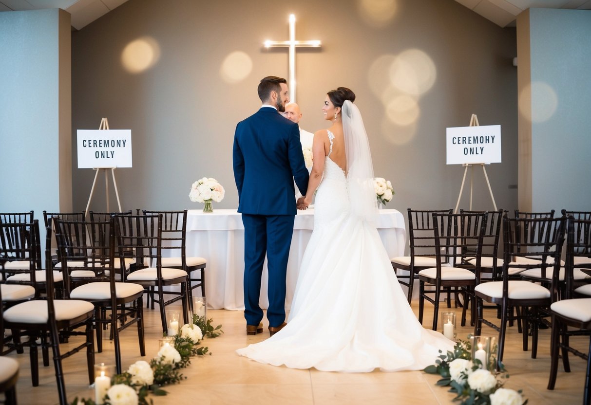 A bride and groom standing at the altar, surrounded by empty chairs, with a sign indicating "ceremony only" guests