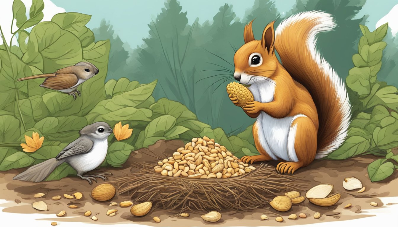 A squirrel nibbles on a peanut shell, while a bird uses one to build a nest. A gardener uses crushed shells as mulch for their plants