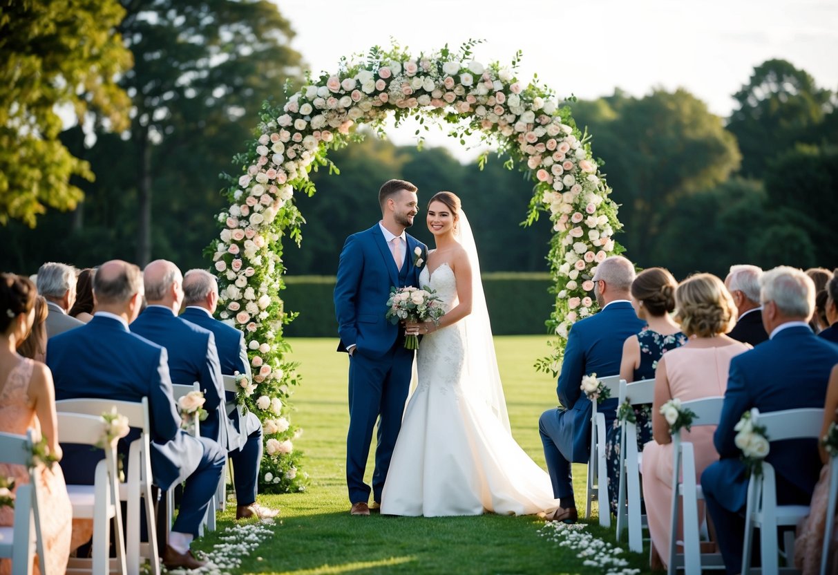 A bride and groom standing together under an arch of flowers with guests seated in rows