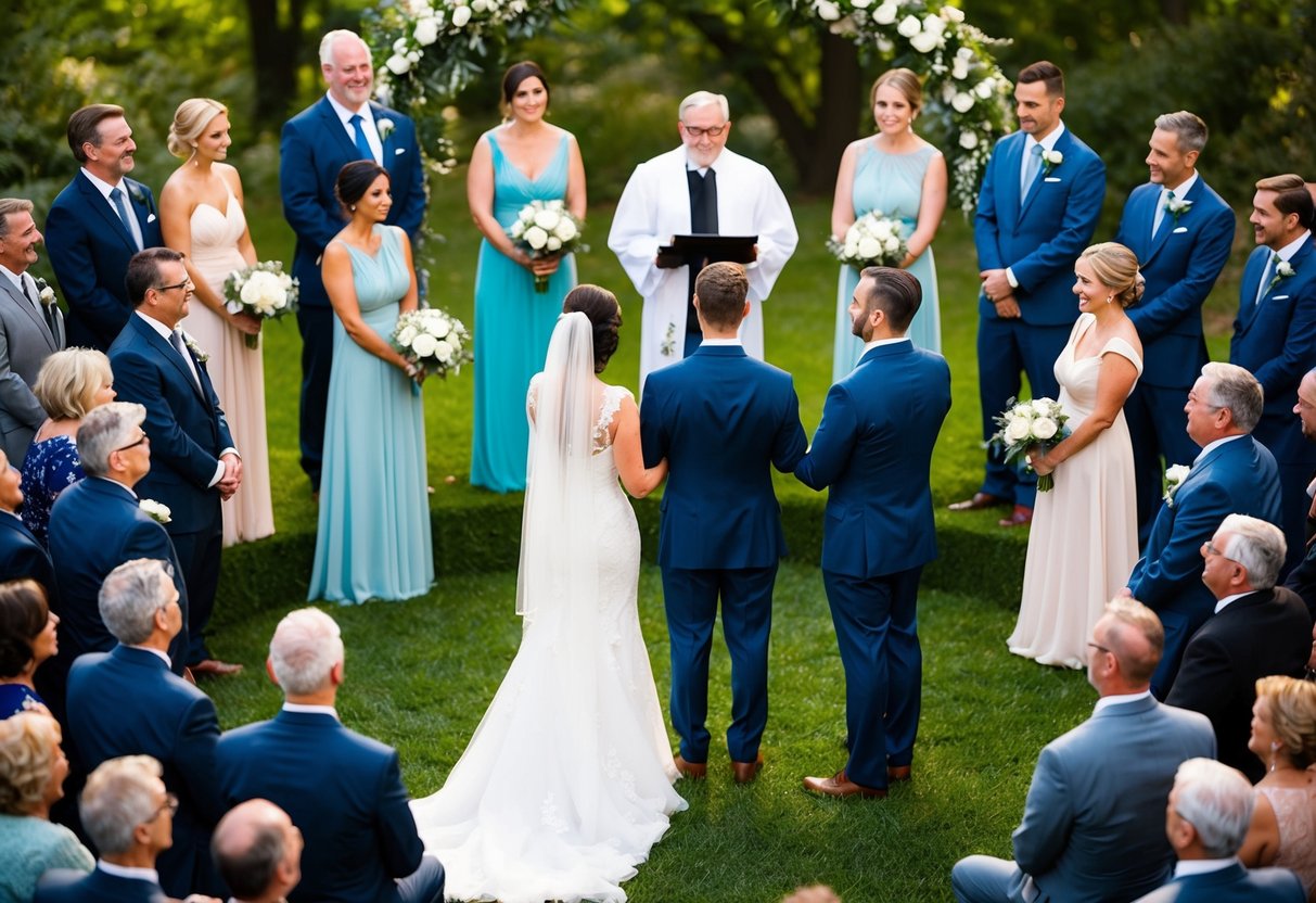 A bride and groom stand at the center of a circle of family and friends, with an officiant presiding over the ceremony