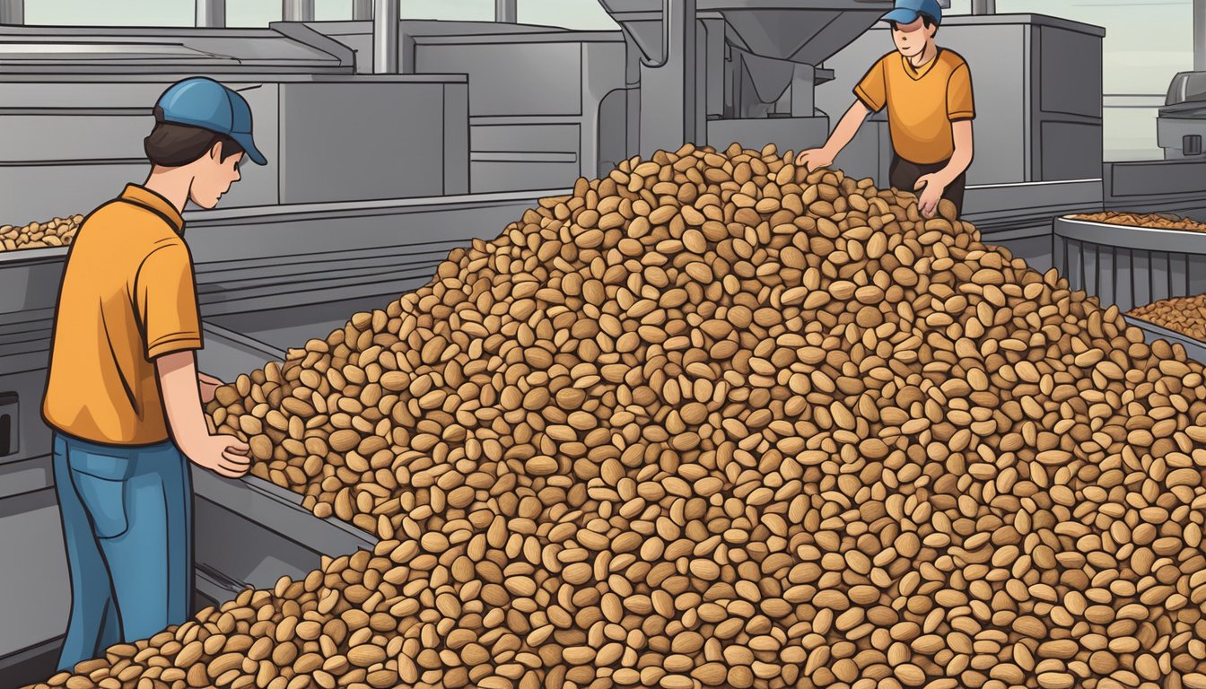 A pile of peanut shells being sorted and cleaned for consumption